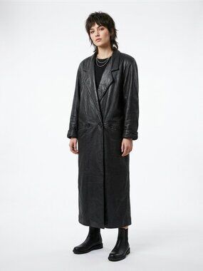 Vintage 80s CASSIDY Black Leather Double Breasted Long Trench Coat Small